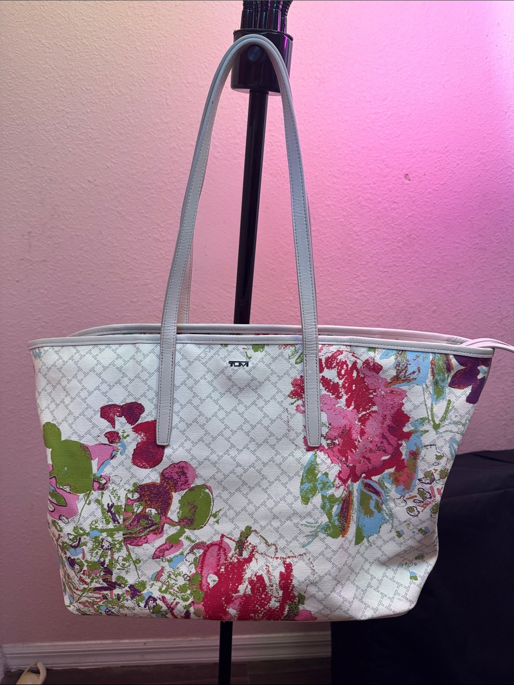 TUMI White Floral Print Tote Bag with Pink & Green Accents
